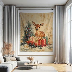 クリスマス鹿の壁掛けタペストリー | お祝いのかわいいホリデーギフト | 冬の季節のウォールアート | 赤ちゃん鹿の動物プリント | 子供部屋の壁掛け装飾