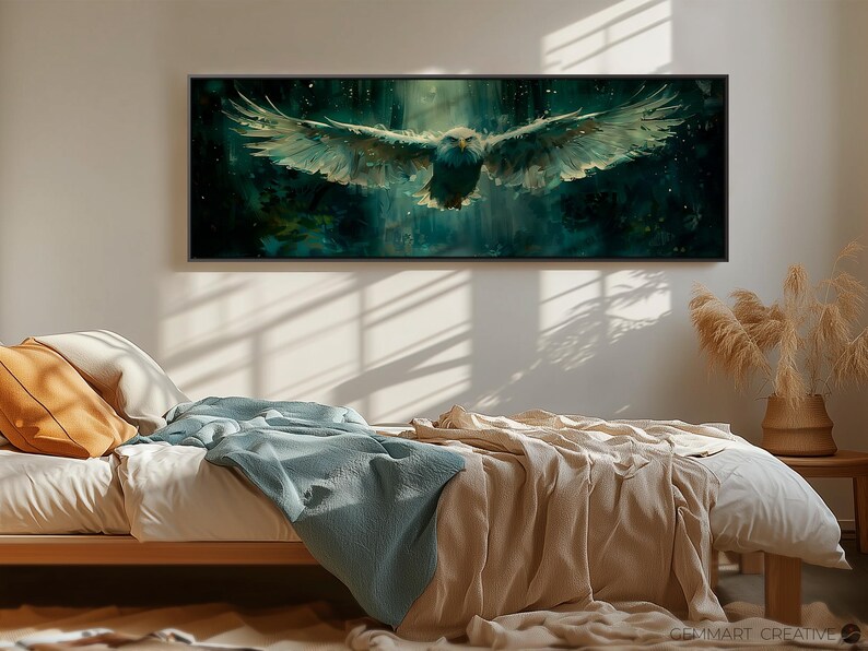 May include: A canvas print featuring a majestic eagle with outstretched wings, soaring through a dark green and blue forest scene. The eagle's feathers are detailed and realistic, with a soft, watercolor-like effect.