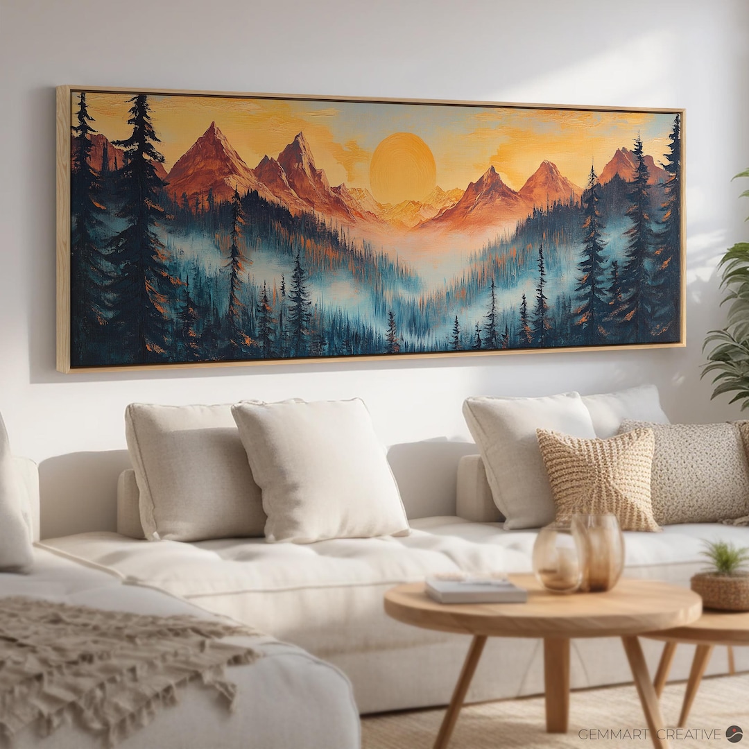 Sunset Mountain Landscape Wall Art | Rustic Misty Forest Nature Scene ...