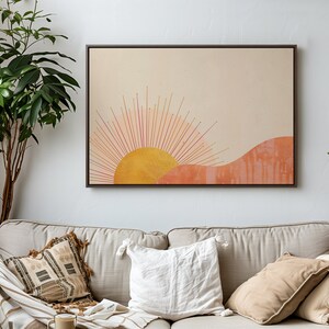 Boho Abstract Sun Painting Framed Canvas | Mid Century Modern Art Prints | Sunburst Above Bed Decor | Minimalist Wall Art for Living Room