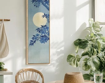 Moonlit Cherry Blossom Canvas Art, Blue Floral Giclee Print, Framed Japanese Decor