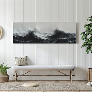 Ocean Wave Black and White Modern Minimalist Art | Large Coastal Wall Art | Sea Painting Abstract Panoramic Print, Big Texture Framed Canvas