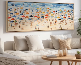 Panoramic Beach Scene Wall Art | Large Framed Canvas Print | Summer Coastal Crowd Abstract Painting | Sea, Sand, Sun Long Horizontal Artwork