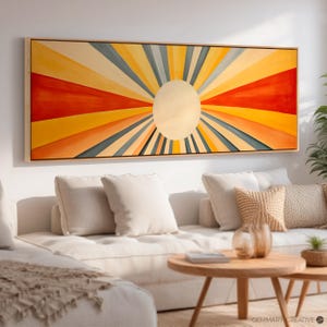 Mid-Century Modern Sunburst Wall Art | Panoramic Retro Abstract Sun Canvas Print, Framed Minimalist Boho Sun Artwork, Modern Ready To Hang