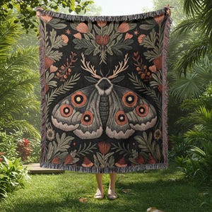 Dark Cottagecore Moth Blanket Woven | Gothic Mystical Tapestry for Goblincore Lovers | Floral Folk Art Aesthetic Woodland Boho Home Decor