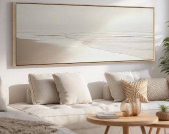 Minimalist Coastal Seascape Wall Art | Neutral Beach Artwork Muted Ocean Wave Painting Framed Canvas Print | Long Horizontal Nautical Decor