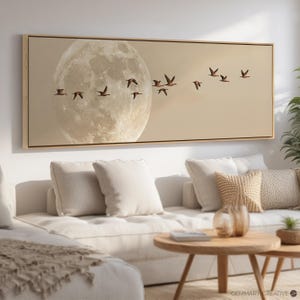 Full Moon Flying Birds Wall Art | Flying Flock of Birds Canvas, Long Japandi Sky Art Print, Framed Minimalist Art, Feng Shui Oriental Decor