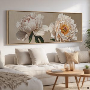 Peony Floral Minimalist Wall Art | Elegant Abstract Beige Canvas, Neutral Flower Print, Large Botanical Painting, Peony Blossom Art Decor