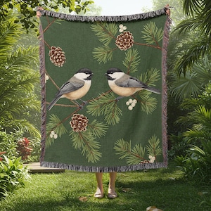 Chickadee Birds Wall Tapestry | Rustic Winter Nature Home Decor | Cottagecore Forest Art Print Blanket | Romantic Couple Woven Throw Gift