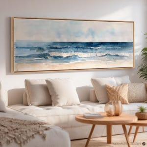 Minimalist Coastal Seascape Large Canvas Print | Framed Serene Beach Wall Art | Panoramic Ocean Watercolor | Long Abstract Nautical Artwork