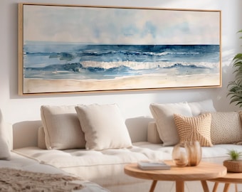 Minimalist Coastal Seascape Large Canvas Print | Framed Serene Beach Wall Art | Panoramic Ocean Watercolor | Long Abstract Nautical Artwork