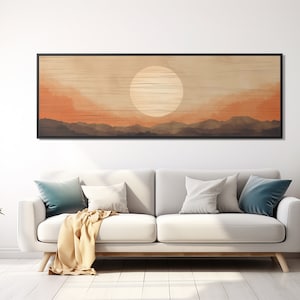 Boho Sun Narrow Wall Art | Minimalism Sunset Canvas Print | Sun & Mountains Abstract Painting | Retro Panoramic Above Bed Art | Modern Decor