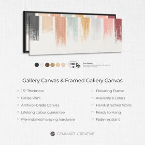 May include: A framed abstract art print with a colorful, brushstroke design. The print is 1.5 inches thick and comes with a floating frame. It is available in 6 colors and is ready to hang.