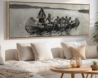 Native American Canoe Wall Art | Large Framed Canvas Print, Rustic Western Decor