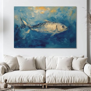 Sardine Fish Canvas Wall Art | French Country Kitchen Art | Abstract Fish Print | Ocean Blue Nature Art | Nautical Decor for Coastal Homes