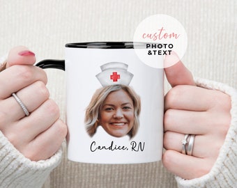 May include: White ceramic mug with a black rim. The mug features a photo of a woman with a nurse's hat and the text "Candice, RN".