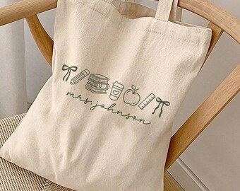 Personalized Teacher Tote Bag Custom Name Canvas Tote Book Lover Gift Teacher Appreciation Gift Library Bag School Tote Bag