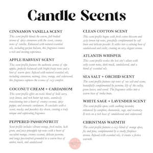The image is a collection of various scents, each with its own unique aroma profile. The scents include cinnamon vanilla, clean cotton, apple harvest, sea salt, orchid, coconut cream, white sage, and red passionfruit. Each scent profile is described in detail, providing a rich and inviting experience for those who enjoy these fragrances.