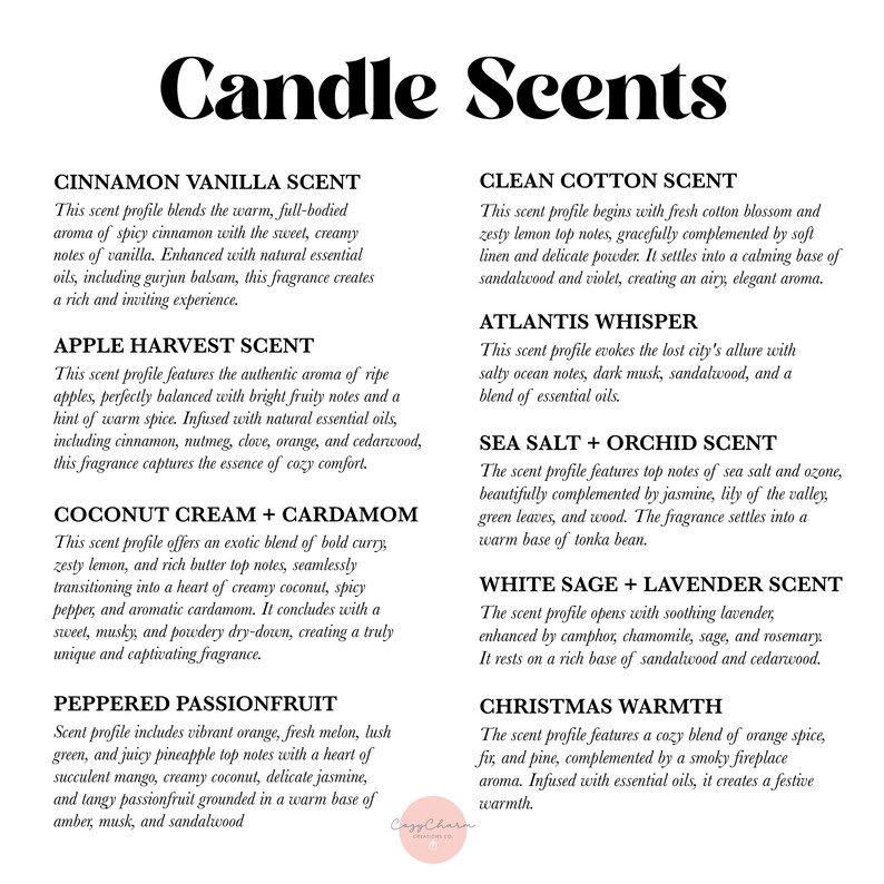 The image is a collection of various scents, each with its own unique aroma profile. The scents include cinnamon vanilla, clean cotton, apple harvest, sea salt, orchid, coconut cream, white sage, and red passionfruit. Each scent profile is described in detail, providing a rich and inviting experience for those who enjoy these fragrances.