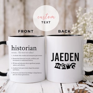 Gepersonaliseerde historicusmok met aangepaste naam, cadeau voor geschiedenisliefhebbers, cadeau voor historici, geschiedenis majors mok cadeaus