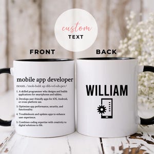 パーソナライズされたモバイル アプリ開発者マグ、アプリ作成者へのギフト、カスタム モバイル開発者ギフト マグ、モバイル アプリ開発者チームへの感謝のギフト