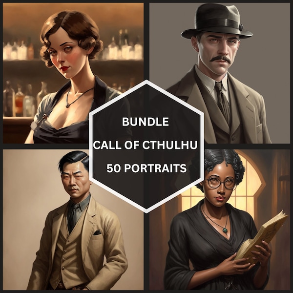 50 characters portraits, Call of Cthulhu, Lovecraft Digital art, Bundle, RPG, NPC, Player Portraits, Instant Download, 20s, images