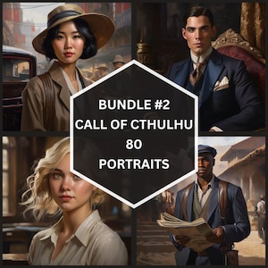 May include: A collage of four portraits in a vintage style, with a hexagonal overlay that reads "Bundle #2 Call of Cthulhu 80 Portraits".