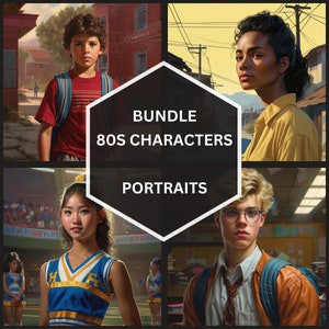 70+ Charaktere Porträts, 80er Jahre digitale Kunst, Bundle, Rollenspiele, NPC, Spieler Porträts, Sofort Download, Bilder, Kinder auf Fahrrädern, Tales from the Loop