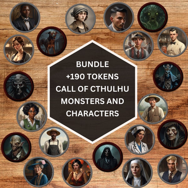 190+ Call of Cthulhu tokens, characters and monsters, Lovecraft Digital art, Bundle, RPG Instant Download, 20s, images, Bundle, TTRPG, VTT