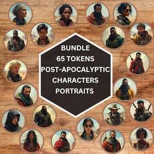 May include: A set of 65 digital tokens featuring portraits of post-apocalyptic characters. The tokens are circular and feature a variety of characters with different hairstyles, clothing, and expressions. The tokens are arranged in a circle around a hexagonal sign that reads "Bundle 65 Tokens Post-Apocalyptic Characters Portraits".