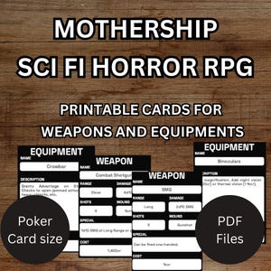 RPG 1e d'horreur et de science-fiction Mothership - Cartes d'armes et d'équipement imprimables - Format poker - TTRPG, VTT, jeux de rôle, imprimables, A4, format lettre