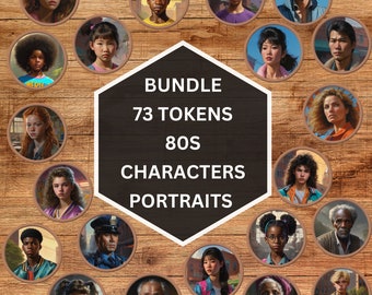 80s theme tokens, 73 characters, 80s Digital art, Bundle, TTRPG, VTT, Tabletop RPG Accessories, npc, Kids on bikes, Tales from the Loop