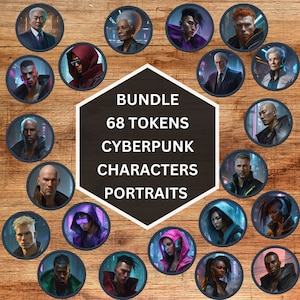 68 cyberpunk-tokens, personages, Shadowrun, Cyberpunk 2020, Scifi-rollenspel, Digitale kunst, Bundel, TTRPG, VTT, Tabletop RPG-accessoires