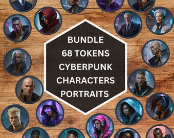 68 Cyberpunk tokens, characters, Shadowrun, Cyberpunk 2020, Scifi roleplay, Digital art, Bundle, TTRPG, VTT, Tabletop RPG Accessories
