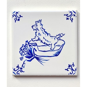 Scottie Basket ~ Delft Inspired, Hand-Painted Blue and White Tile