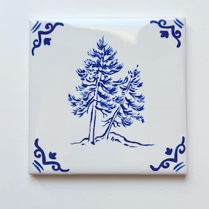 Pine Trees ~ Delft Inspired, Hand-Painted Blue and White Tile
