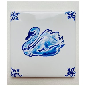 Summer Swan ~ Delft Inspired, Hand-Painted Blue and White Tile