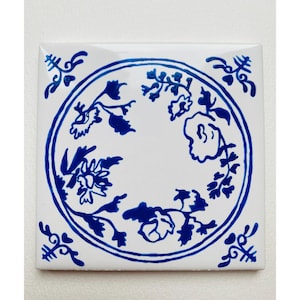 Woodland Circle ~ Delft Inspired, Hand-Painted Blue and White Tile