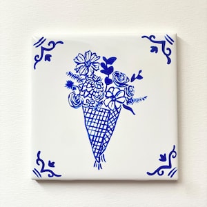 Mixed Floral Bouquet ~ Delft Inspired, Hand-Painted Blue and White Tile