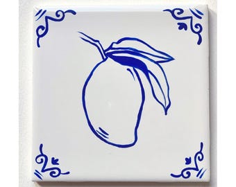 Mango ~ Delft Inspired, Hand-Painted Blue and White Tile