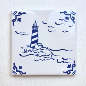 Lighthouse ~ Delft Inspired, Hand-Painted Blue and White Tile