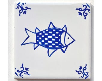 Checkered Fish ~ Delft Inspired, Hand-Painted Blue and White Tile