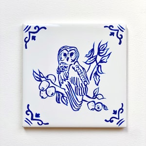 Owl in Apple Tree ~ Delft Inspired, Hand-Painted Blue and White Tile