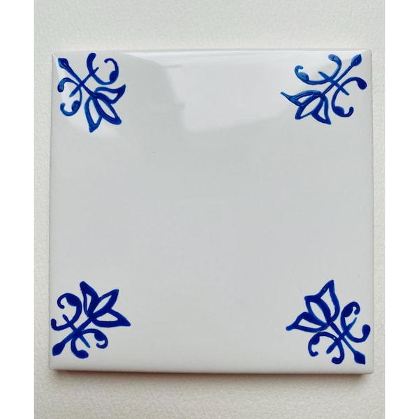 Tulip Corner ~ Delft Inspired, Hand-Painted Blue and White Tile