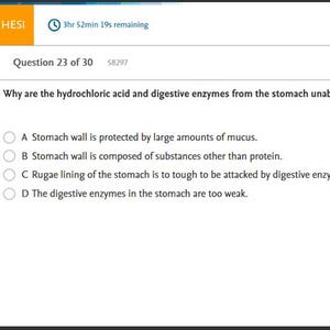 以下が含まれることがあります： オンライン試験の多肢選択問題のスクリーンショット。質問は、なぜ胃が自分自身を消化できないのかについてです。4つの選択肢が提供されています。試験インターフェースにはタイマーとナビゲーションボタンが含まれています。