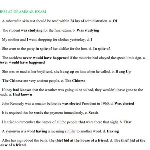 May include: A black and white image of a grammar exam with multiple choice questions. The questions are about grammar and usage. The correct answers are highlighted in bold.