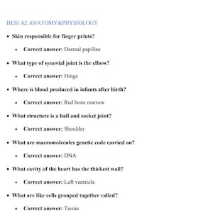 May include: A black and white text document with a list of questions and answers about anatomy and physiology. The questions are about finger prints, synovial joints, blood production, ball and socket joints, macromolecules, the heart, and cells.