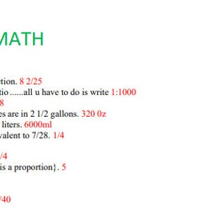 May include: A worksheet with math problems and answers. The problems include adding fractions, multiplying decimals, converting decimals to fractions, converting fractions to ratios, dividing decimals, converting gallons to fluid ounces, converting liters to milliliters, finding equivalent fractions, dividing mixed numbers, solving proportions, and converting fractions to decimals.