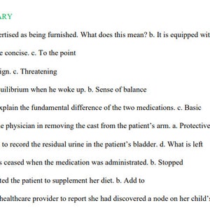 May include: A page of text with a list of vocabulary words and their definitions. The words are related to medical terminology and healthcare.