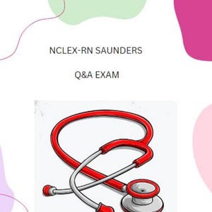 May include: A red stethoscope with a silver head, a medical tool used to listen to heart and lung sounds. The text "NCLEX-RN SAUNDERS Q&A EXAM" is written above the stethoscope.